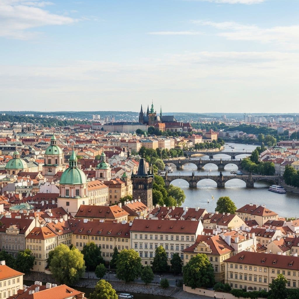 Panoramatický pohled na Prahu a Vltavu